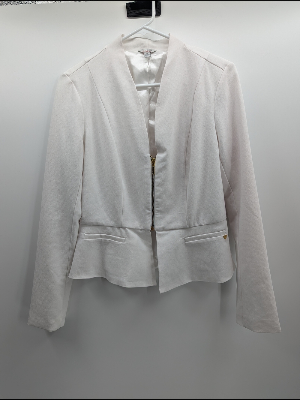 Guess Zip-Front Peplum Blazer Professional Small White Women's Career Workwear